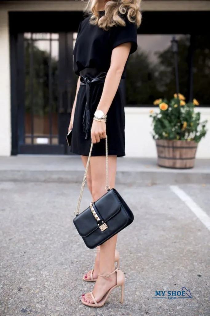 Black dress with tan heels
