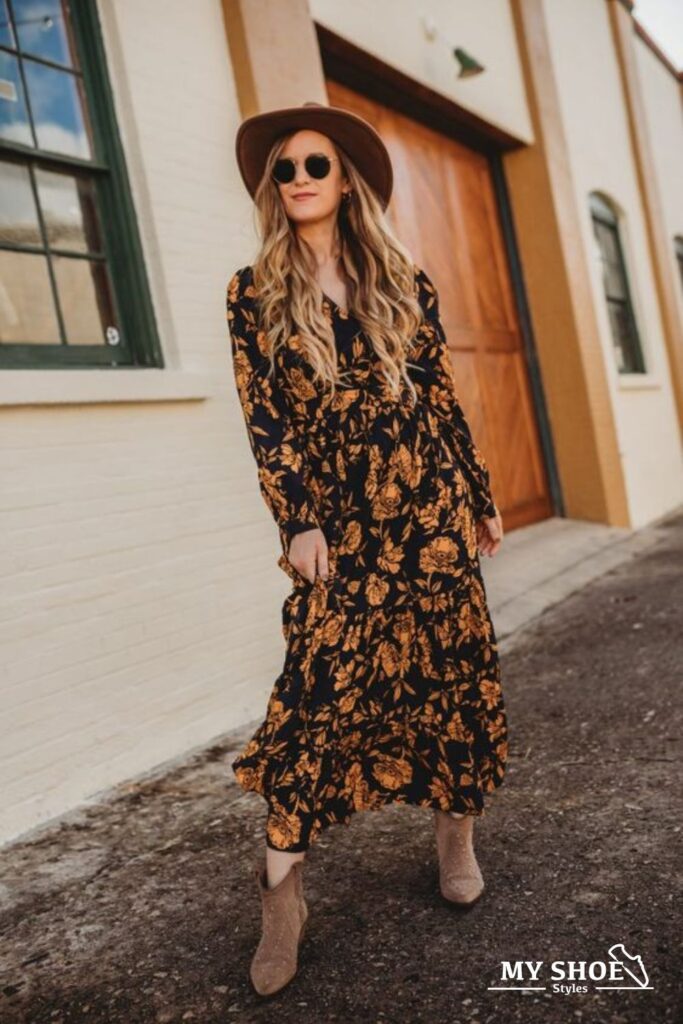 Embroidered Boho Dress with ankle boots