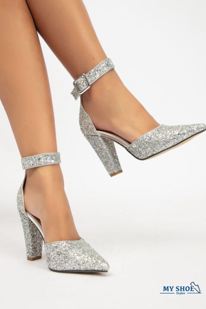 Glitter Detail Chunky Heeled Ankle Strap Pumps