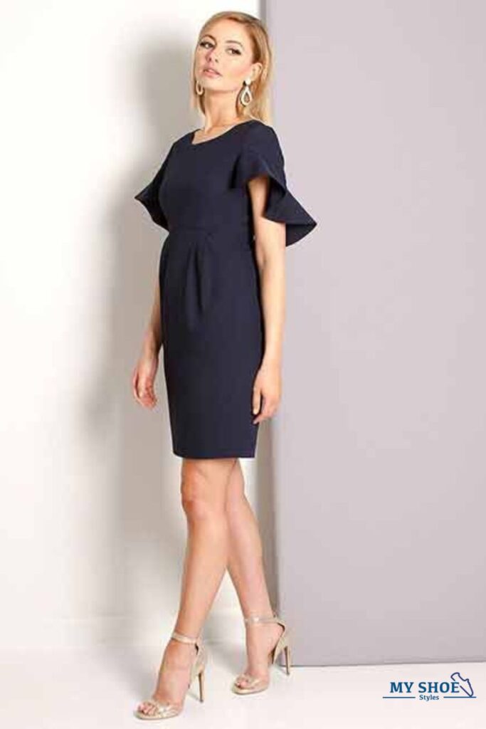 navy dress with White shoes