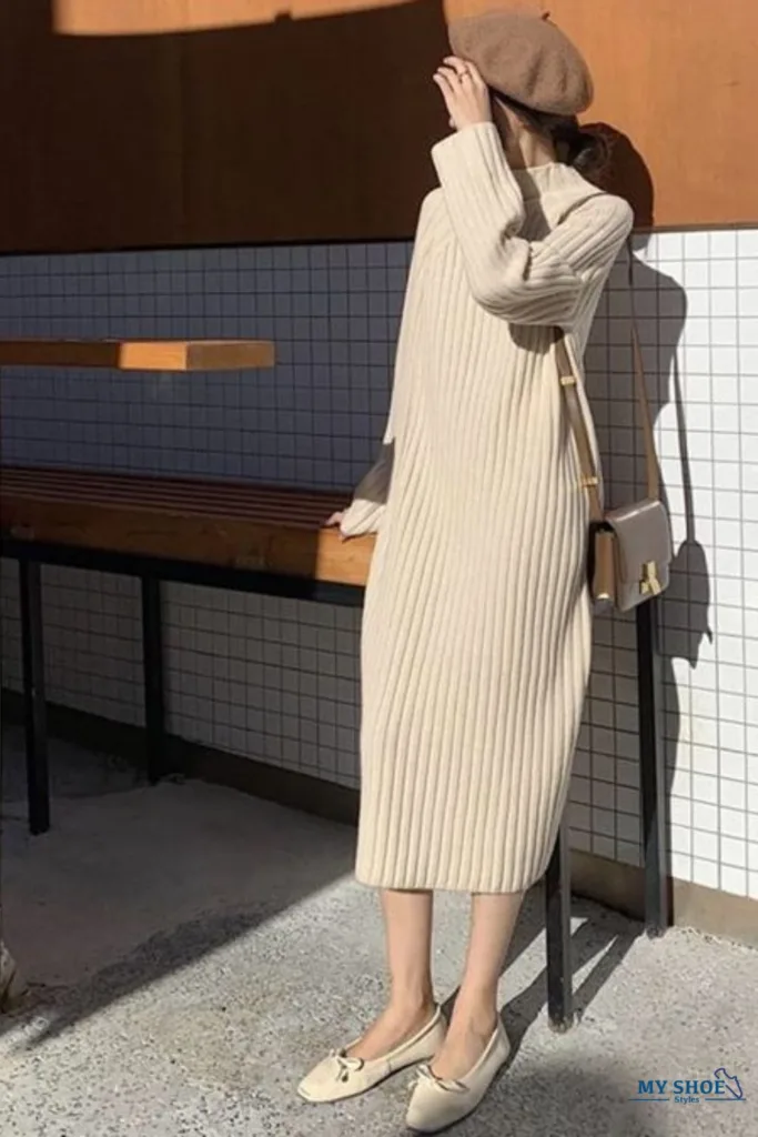 Mules with long sweater dress